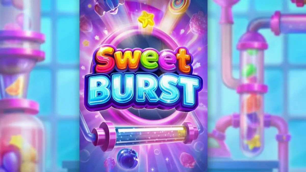 Tampilan visual slot Sweet Burst dengan tema laboratorium permen futuristik