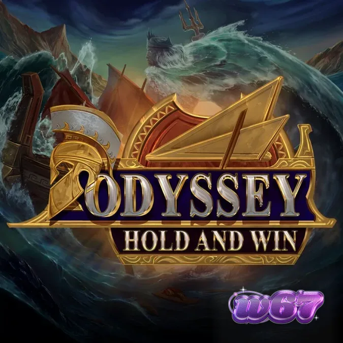 Tampilan layar permainan Odyssey Hold and Win dengan grid 4x4 dan latar belakang mitologi Yunani.